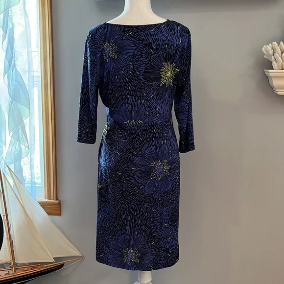 EUC Apt 9 floral faux wrap  in blue, black and yellow dress size Large - Picture 2 of 5